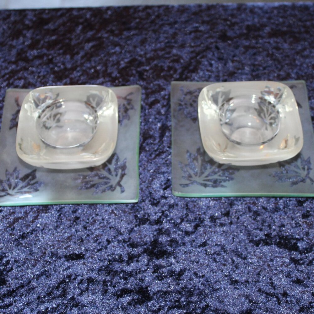 Frosted Glass Candle Holders, Leaf Pattern, Square Plates, and Votive Holders